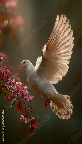 White dove carrying olive branch with light and lens flare