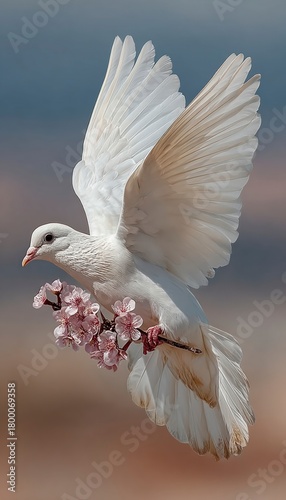 White dove holding flower and branch flying in the sky for freedom and peace