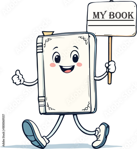Happy Book Mascot: A charming book character comes to life, cheerfully walking with a sign labeled MY BOOK, embodying the joy of reading and knowledge.