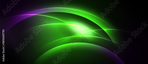 Abstract design features vibrant green, purple curves. Light radiates from central point, creating dynamic visual effect. Dark background enhances luminosity.