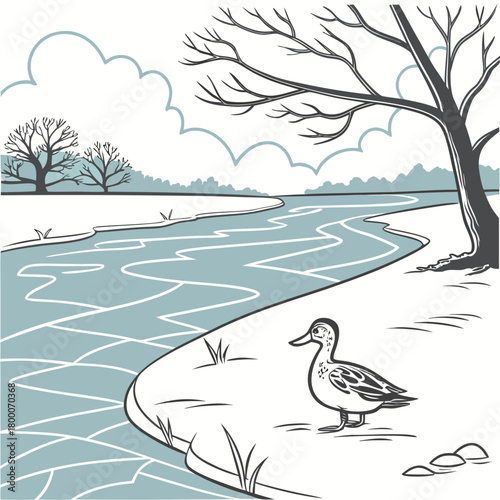 A duck stands on the bank of a frozen river