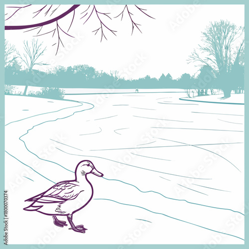 A duck stands on the snowy bank of a frozen river
