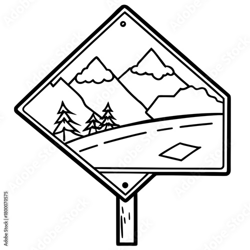 Diamond shaped road sign with mountain range and trees
