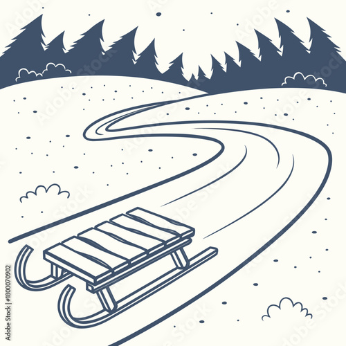 Illustration of a sled on a snowy path with pine trees