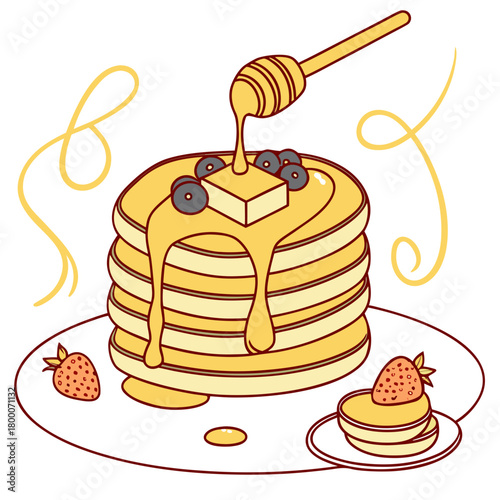 Stack of pancakes with butter, honey, and fruit