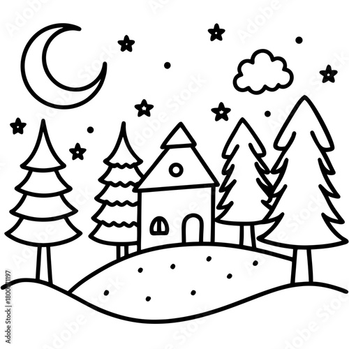 Winter night scene with house, trees, moon, and stars