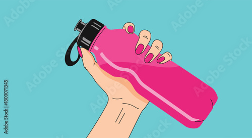 A hand holding a bright pink water bottle against a vibrant blue background for a fresh and energetic feel.
