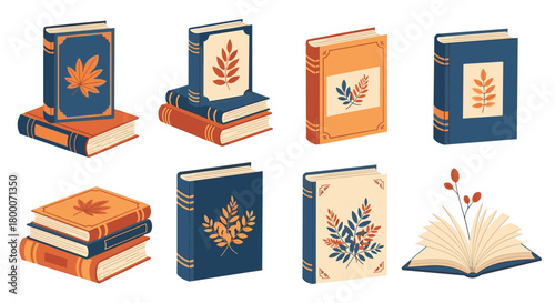 A collection of vintage books with autumn leaf illustrations on their covers.