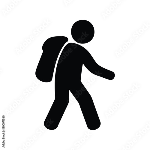Simple black and white image of a person walking with a backpack