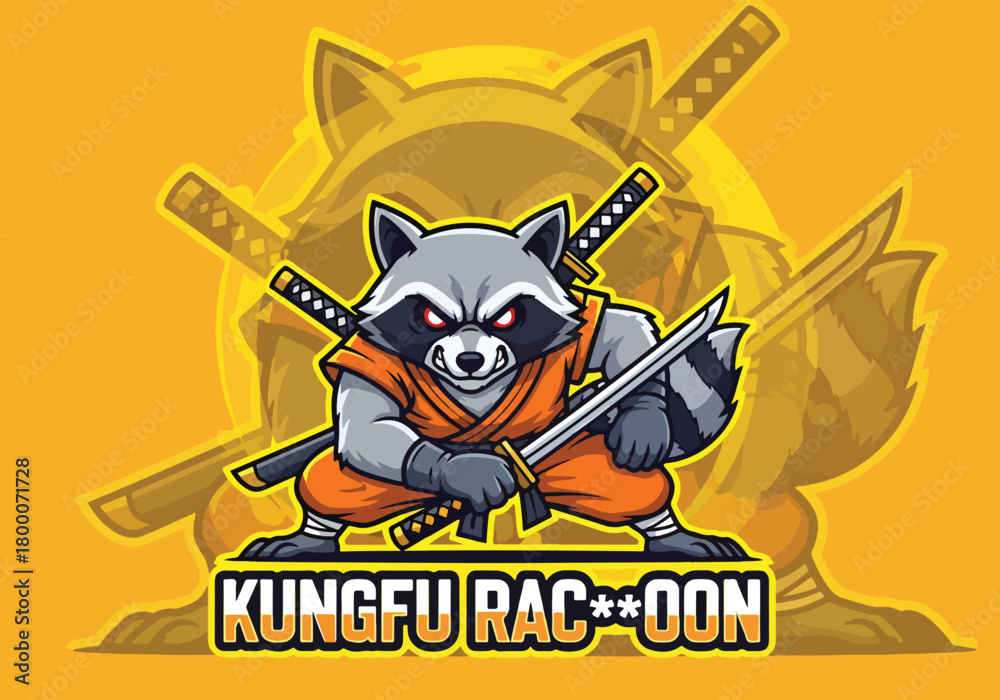 Obraz premium Cool kung fu raccoon gaming logo design mascot - Gaming logo - Gaming Mascot - esport mascot vector illustration