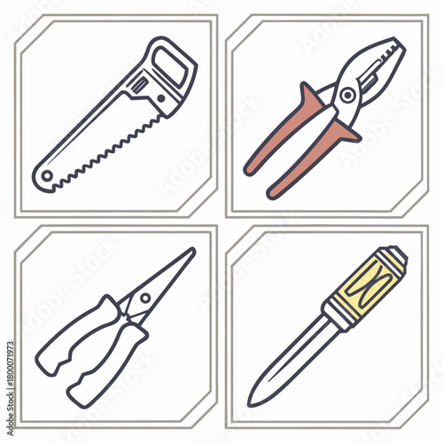 Hand tools icons set, including saw, pliers, nippers, and screwdriver