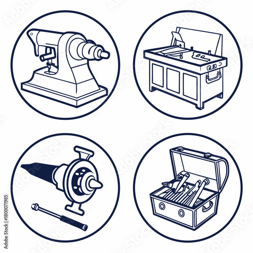 Illustration of woodworking tools in circles isolated on