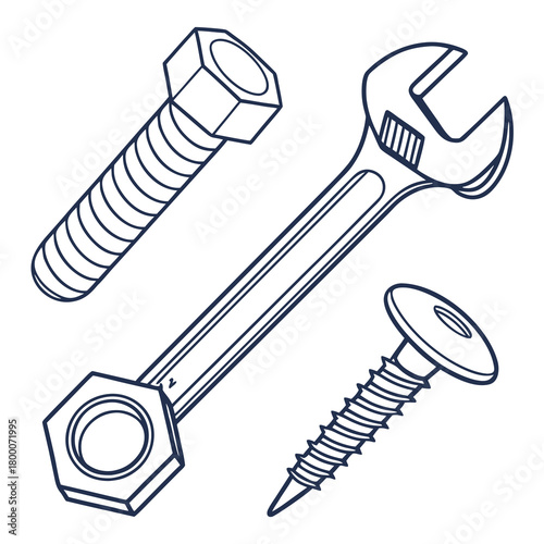 Illustration of fasteners and wrench isolated on