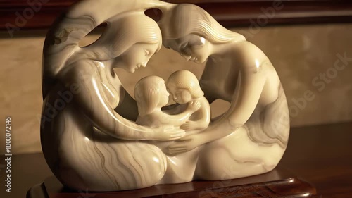 Soapstone Sculpture of Mother Tenderly Cradling Her Children, Conveying Nurturing Love, Family Ties, Legacy, Heritage, Timelessness, Durability, Capturing Conceptual Meaning of Intergenerational.