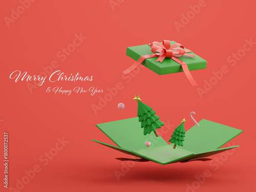 3D green gift box with a red ribbon opening, with Christmas ornaments and decorations bursting out of the box on a red background. Merry Christmas, New Year concept. 3D rendering illustrations.