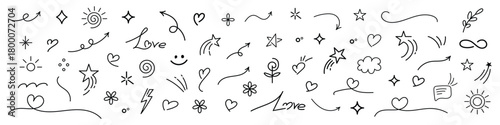 Minimal Line Art, Hand drawn sketch Heart, Star, Arrow, Flower Doodles, Cute Emphasis Graphic Elements Illustration