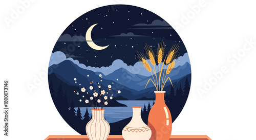 A peaceful night scene viewed through a window with vases containing dried flowers and wheat stalks.