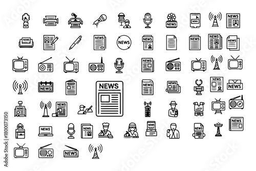 News media Web Icon Set in Line Style. Collection of Mass media Linear Icons, Including tv, radio, newspaper, magazine, news, broadcasting, press, interview, journalism
