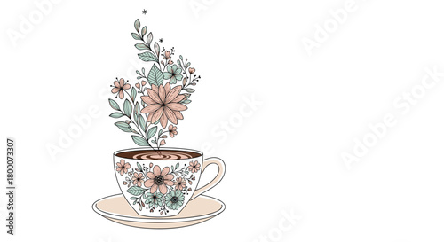A delicate teacup filled with floral steam on a saucer creating a whimsical and artistic representation of a beverage.