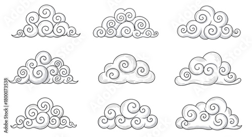 A collection of nine decorative stylized cloud illustrations with swirling patterns in a monochromatic design.