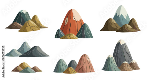 A collection of pixel art mountain ranges in various natural colors and snow capped peaks.