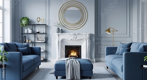 Luxurious blue living room with fireplace and seating