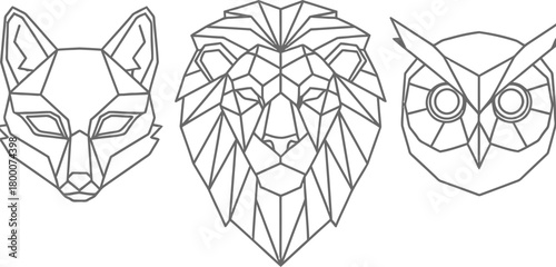 Set of abstract geometric line art animal heads including fox lion and owl polygonal low poly style illustration collection
