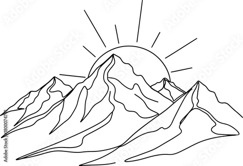 Linear illustration of rugged mountain peaks with a circular sun rising above them casting sharp radiating rays across rocky landscape design