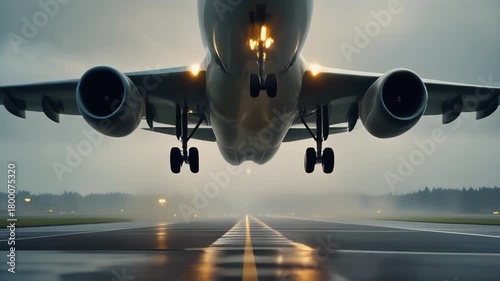 Aviation Ascent: Capturing the powerful takeoff of an airplane, ascending into the heavens with the runway beneath and a moody atmosphere.