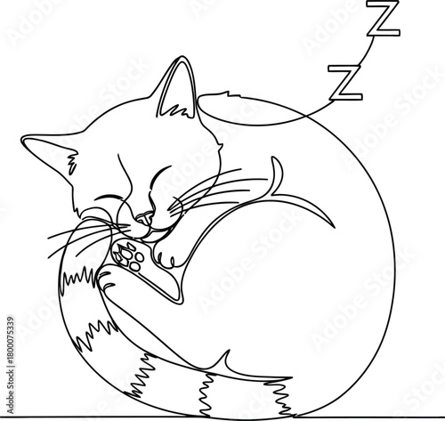 Continuous line drawing vector illustration of a cute striped cat curled up tightly sleeping comfortably with zzz symbols indicating deep rest