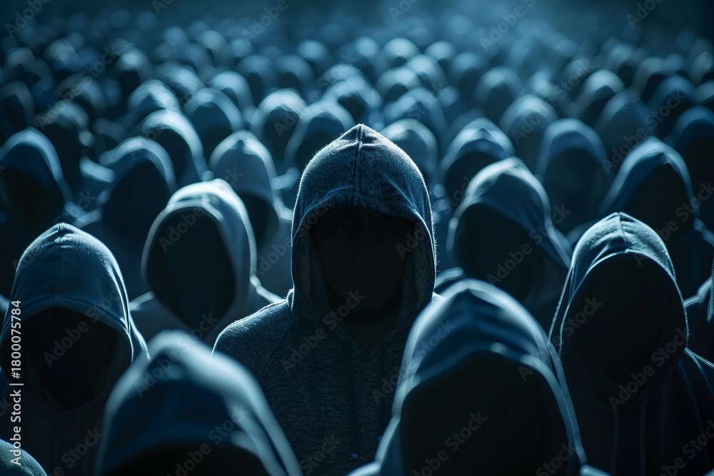Obraz premium Anonymous crowd wearing hoodies hiding faces representing data security and privacy