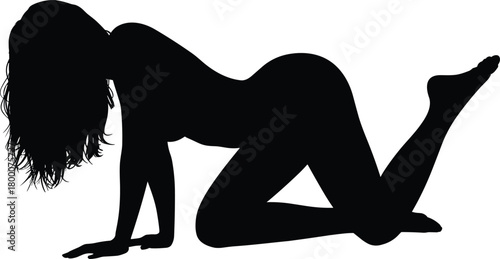 Elegant female silhouette kneeling in artistic stylized pose on white background, graceful fashion outline for creative illustration
