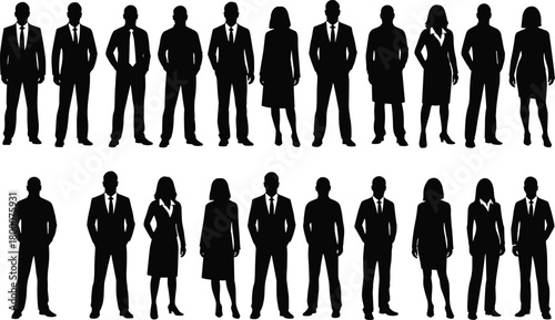 Business people silhouettes, corporate attire icons, professional posture set, office team diversity, formal dress figures, flat vector illustration