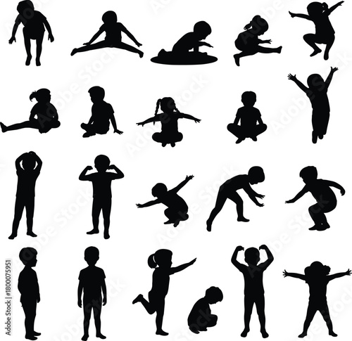 Playful children silhouette collection showing active kid poses, sitting positions, jumping movements, exercise actions, joyful childhood vector design
