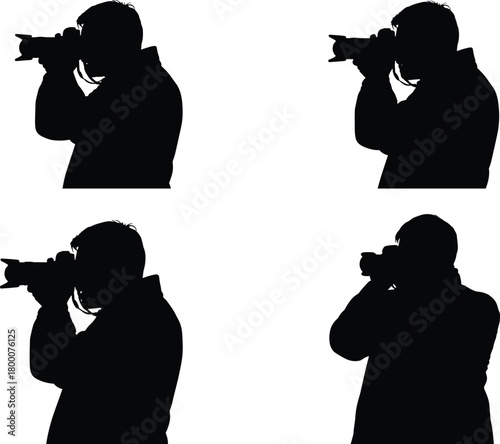 Photographer silhouettes set, camera pose icons, photography action symbols, photo shoot moments, creative capture gestures, flat vector illustration
