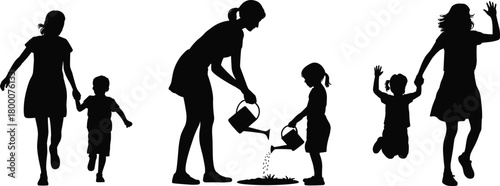 Silhouette family walking and gardening, parent and children outdoors, watering plants, playful kids jumping, happy childhood moments illustration