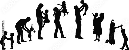 Silhouette family parents playing with children, joyful interaction, loving childcare moments, happy bonding, uplifting parental affection illustration