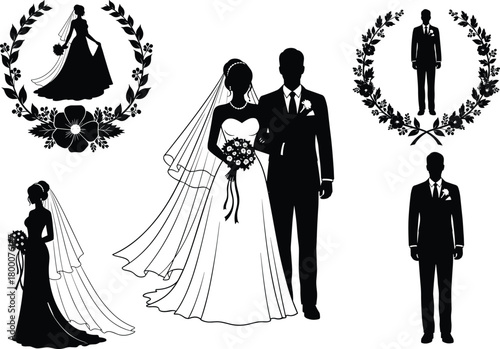 Wedding couple silhouettes, bride and groom icons, romantic ceremony elements, bridal poses, groom illustrations, wreath design, flat vector illustration