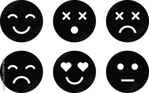 Collection of six black silhouette emoticon faces showing various emotions and expressions on white background