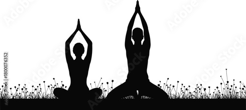 Silhouette of two people practicing yoga meditation outdoors with raised arms in peaceful natural grass landscape illustration