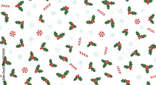 Christmas seamless pattern background with holly candy and snowflakes