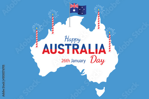 Happy australia day with australian flag and fireworks on map outline