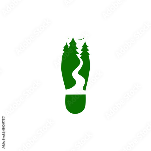 Nature footprint design: A shoe print containing pine trees and a winding trail, symbolizing hiking, travel, ecology, adventure, and the path through the wilderness.