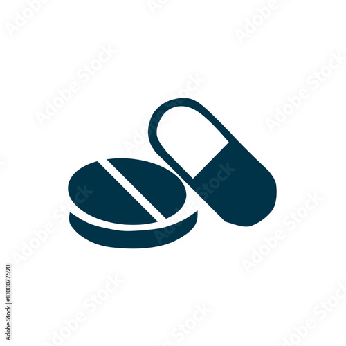 Pills and capsule icon: A graphic representing medicine, pharmaceuticals, health, therapy, treatment, and pain relief. Perfect for medical, drug store, and pharmacy concepts.