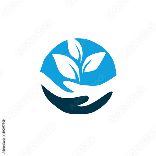 A caring, vibrant icon of a nurturing hand gently holding a sprouting plant or leaves within a blue circle, symbolizing eco-friendly care, protection, growth, and environmental wellness.
