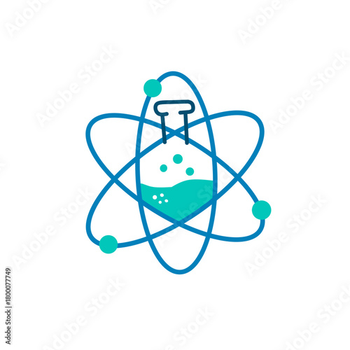 A colorful, modern icon combining an atom's orbital structure with a bubbling test tube, symbolizing chemistry, physics, scientific research, and complex innovation and discovery.
