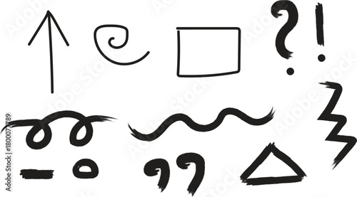Hand drawn arrows and brush symbols isolated on  transparent background