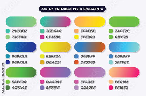 Set of editable vivid gradient color palettes with hex codes 