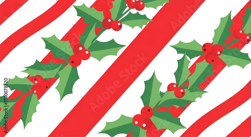 Christmas holidays holly berries and candy cane stripes seamless pattern