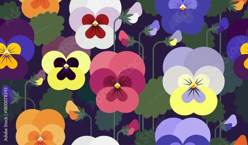 Seamless pattern with violets or pansies, leaves and flowers on background.
